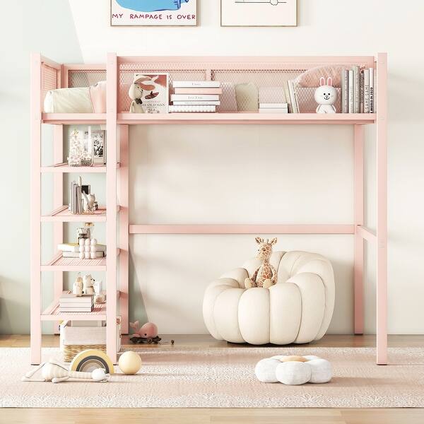 slide 2 of 9, Full Size Metal Loft Bed with 4-Tier Shelves and Storage, Pink Pink