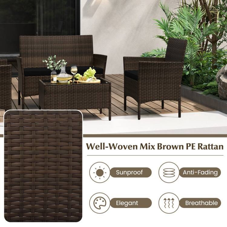 4 Piece Outdoor Rattan Patio Set with Cushions and Glass Table - 39.5" x 22.5" x 32"