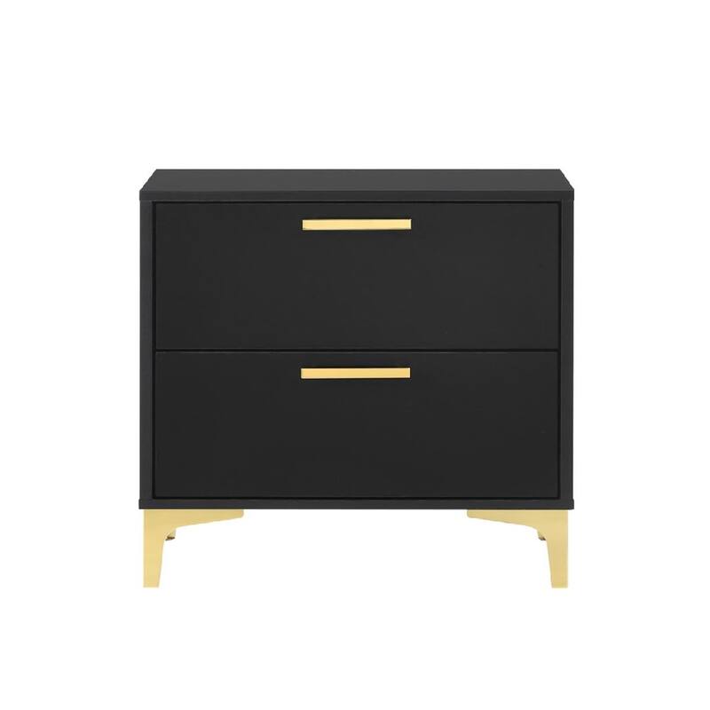2 Drawers Wood Nightstand with Metal Legs in Black and Gold - Black/Gold