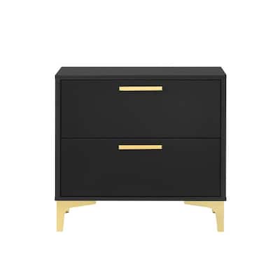 2 Drawers Wood Nightstand with Metal Legs in Black and Gold
