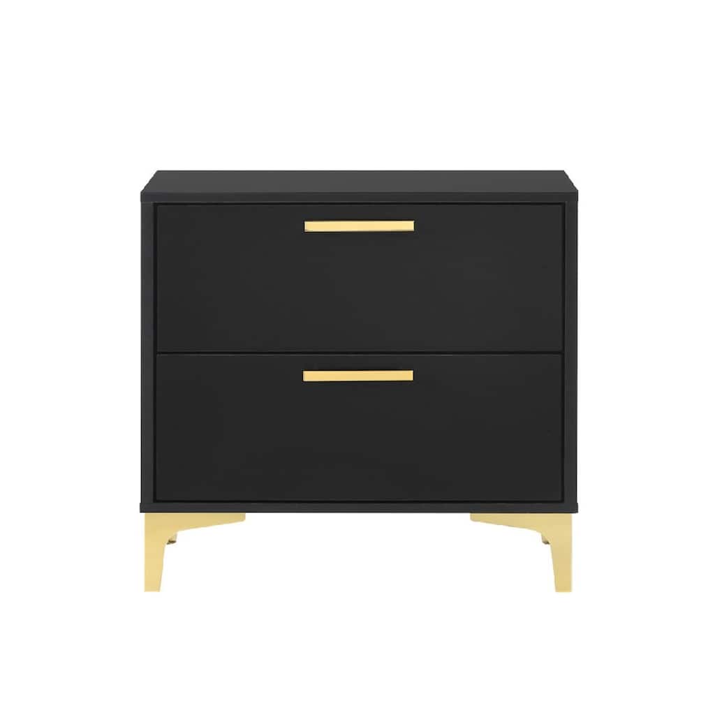 2 Drawers Wood Nightstand with Metal Legs in Black and Gold