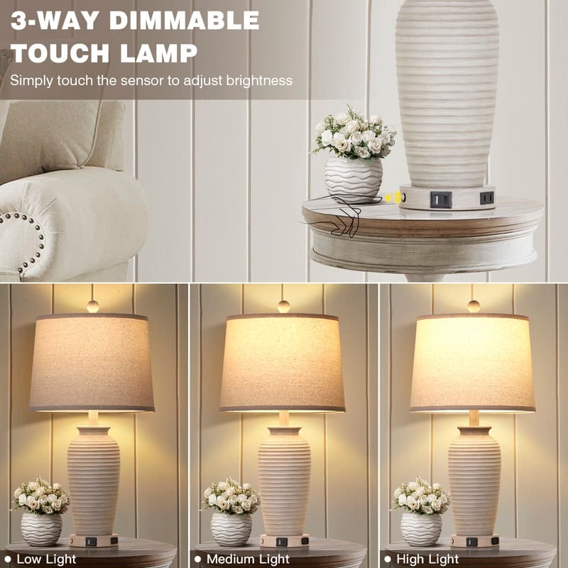 25'' Grey Modern Table Lamp with Dual USB Charging Ports 3000K Dimmable LED(Set of 2) - 12.5‘’ x 12.5'' x 25''
