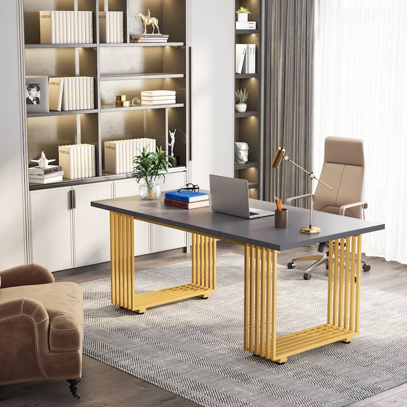 70.9" Modern Office Desk, White Executive Desk with Gold Metal Frame