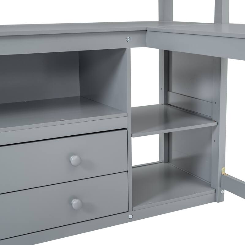 Full Loft Bed with Built-in Desk, Shelves, and 2 Drawers, Space-Saving Design