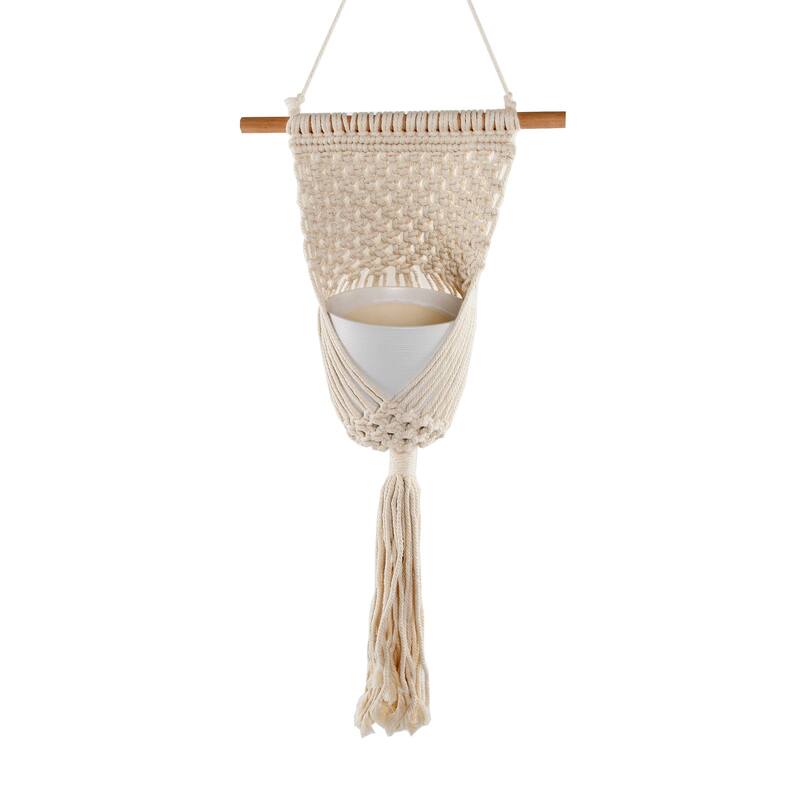 33"L Macrame Plant Hanger - Mid-Century Modern - No - Ceramic - Plant Hangers - Round - White - Assembled - Handmade