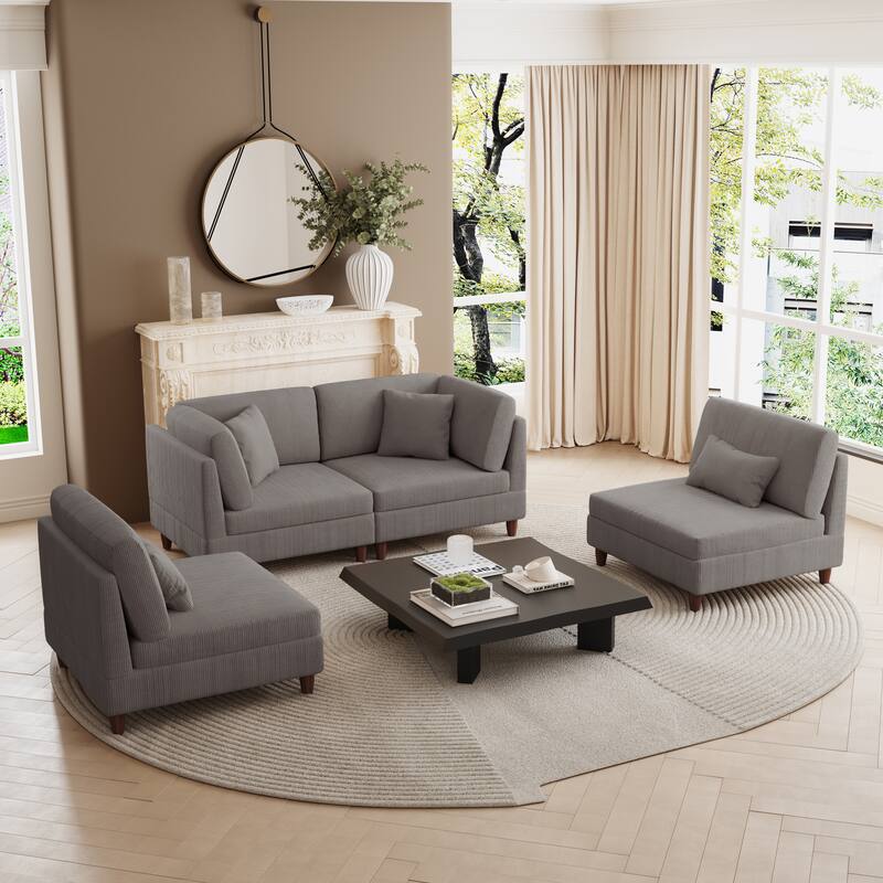Multi-Combination Couch Modular Corduroy Sectional Sofa - 4-Piece Light Grey - Reversible