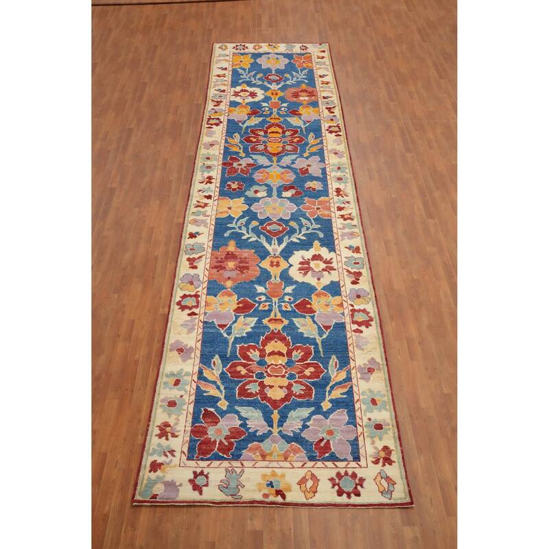 Hand Knotted Oriental 100% Wool Carpet Transitional Floral Navy Blue & Blues Oushak Runner Rug - 19' 5'' X 5' 0''