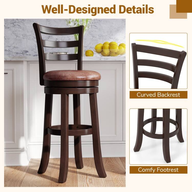 Set of 2 Cappuccino Rubber Wood MDF Swivel Bar Stools with Faux Leather and Footrest