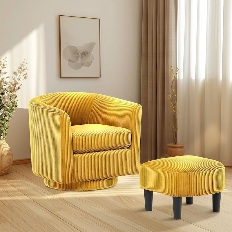 360° Swivel Accent Chair with Ottoman, Barrel Chair with Upholstered - Yellow