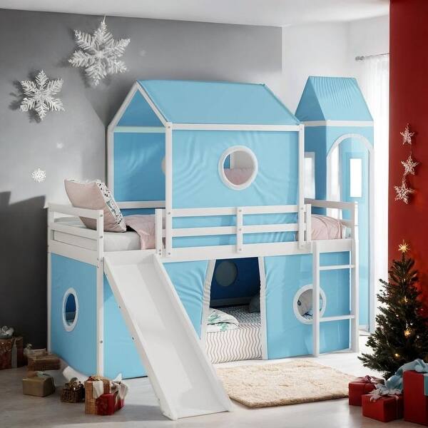 slide 2 of 24, Loft Bed with Slide Pink Tent and Tower, Twin Size Blue