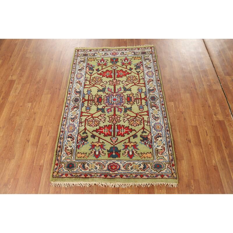 Hand Knotted Oriental 100% Wool Carpet Transitional Floral Green Oushak Area Rug - 4' 11'' X 3' 1''