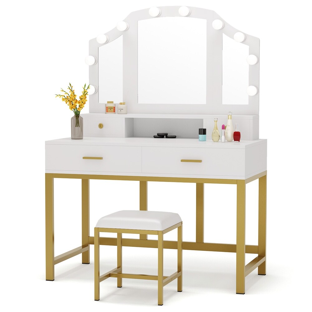 Makeup Vanity Dressing Table Stool Set With Lighted Mirror 4 Drawers White Gold White Gold Overstock 31812677
