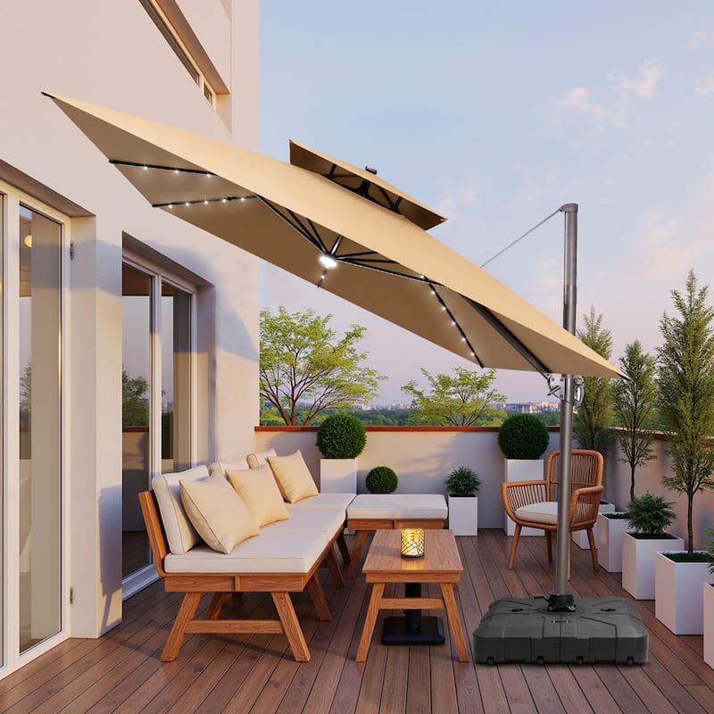 11X11 FT Outdoor Patio Cantilever Umbrella Solar LED Lighted with Wheel Base
