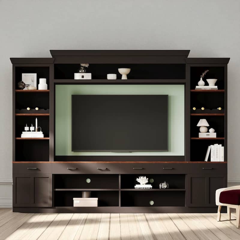 Farmhouse 4-Piece Entertainment Wall Unit for TVs up to 70", Walnut TV Stand with Bookshelves, Adjustable Shelves, Wine Rack - Black