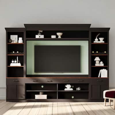 Farmhouse 4-Piece Entertainment Wall Unit for TVs up to 70", Walnut TV Stand with Bookshelves, Adjustable Shelves, Wine Rack