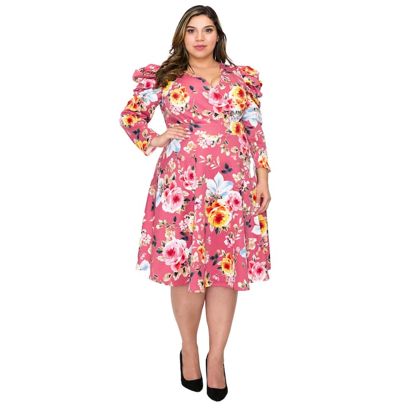 L I V D Women's Plus Size Floral Statement Sleeve Flare Dress - 2X - Mauve Pink