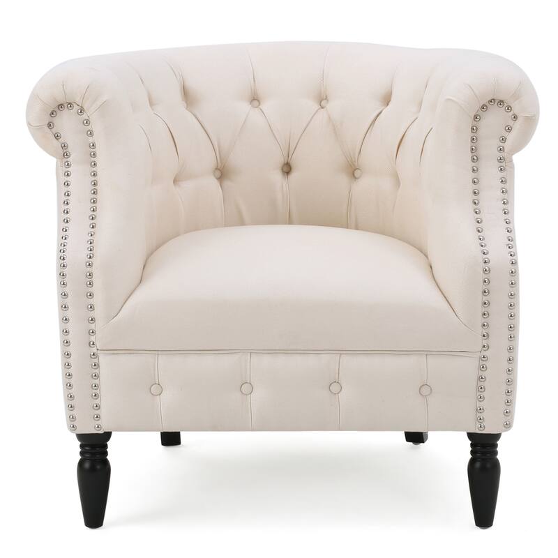 Modern 32.75" Velvet Button Tufted Club Chair with Turned Birch Wood Legs and Nailheads