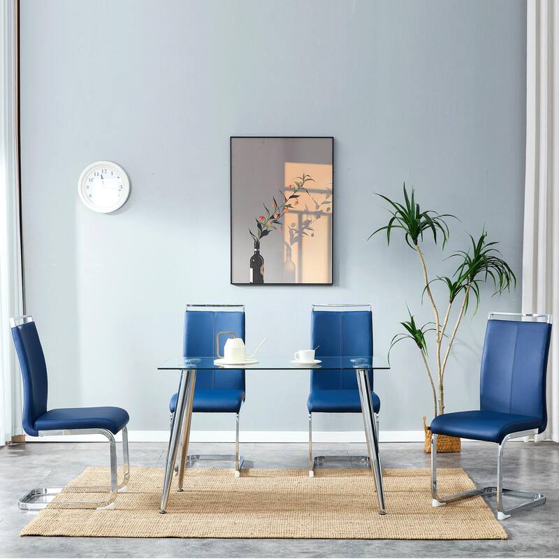 Modern PU Faux Leather High Back Dining Chairs with C-shaped Tube Chrome Metal Legs