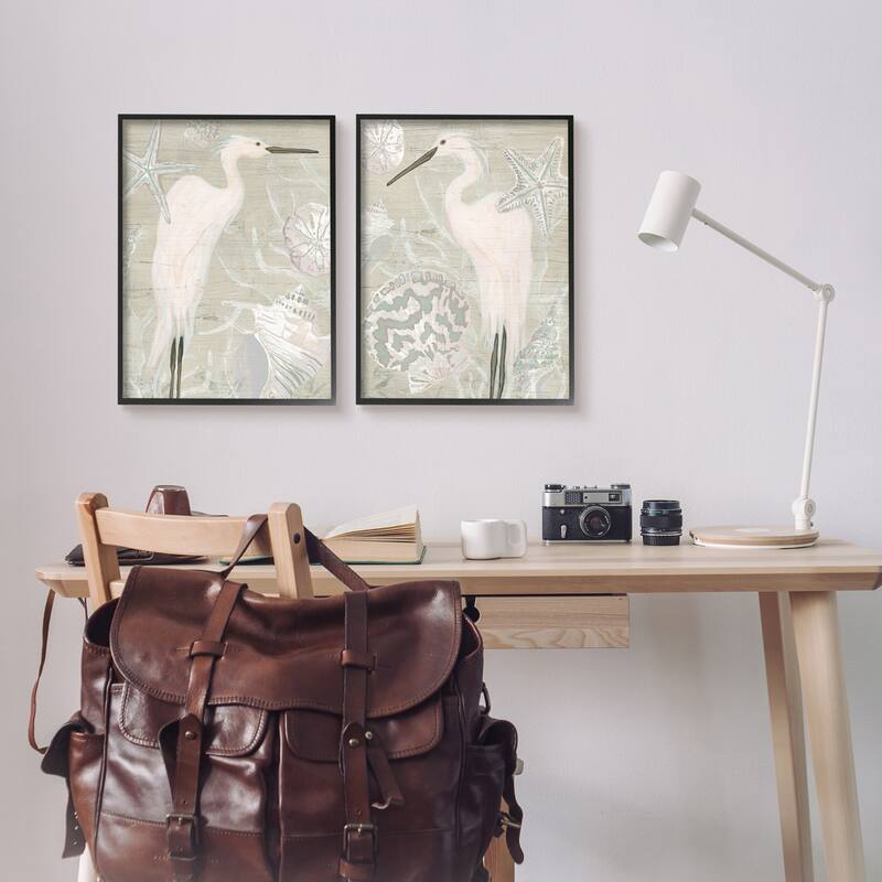 Stupell White Heron Nautical Seashells Rustic Starfish Wildlife 2 Piece Framed Wall Art, Design by June Erica Vess - Beige