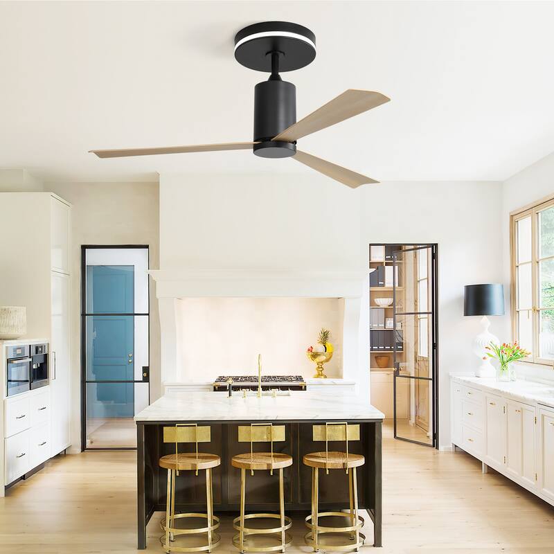 52 Inch Modern Flush Mount Ceiling Fan with led light and Remote Control,3 ABS Blades Noiseless Reversible DC Motor