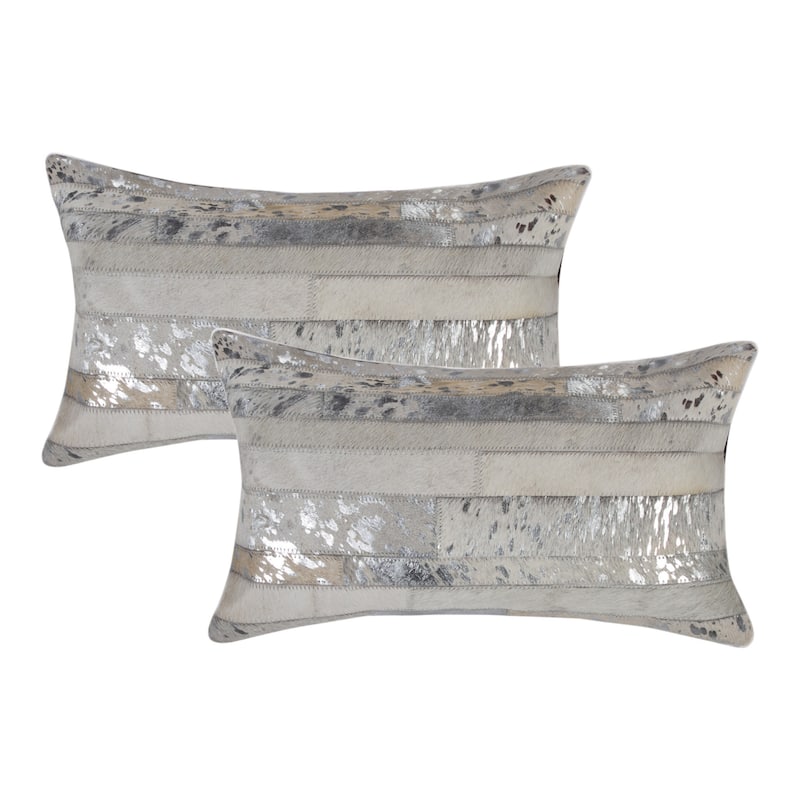 Set of Two 12" X 20" Gray and Silver Striped Cowhide Lumbar Throw Pillows with Glitter