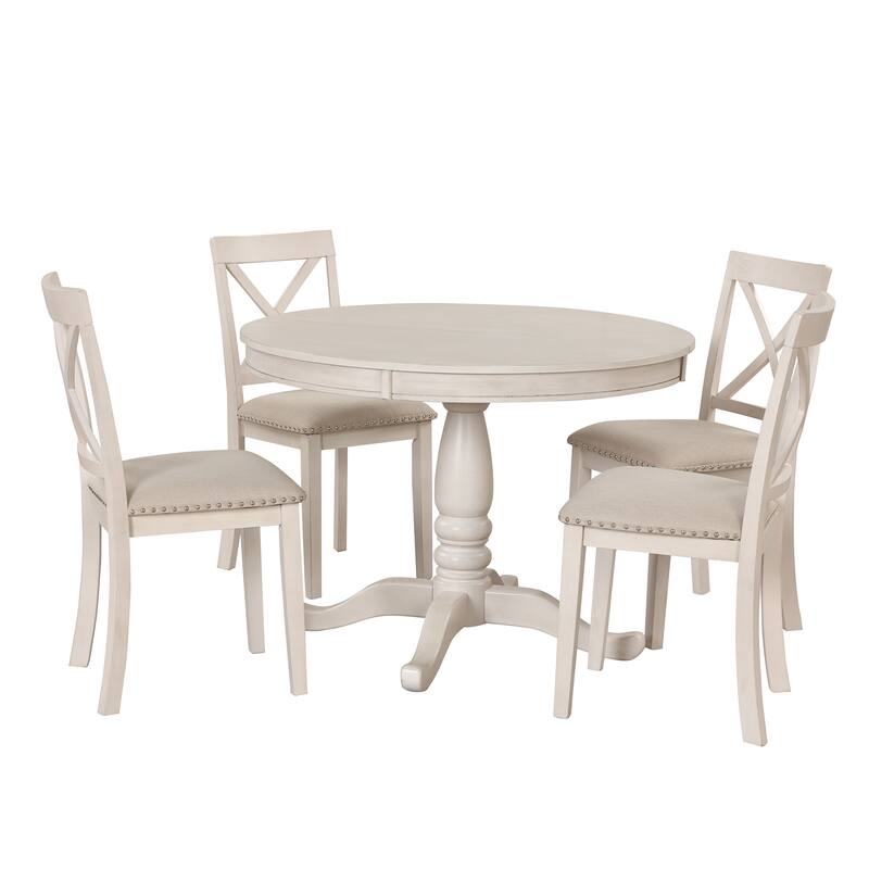 5 Piece Wood Dining Table Set, Kitchen Dining Table Set with Extendable Round Dining Table and 4 Chairs with Backrest