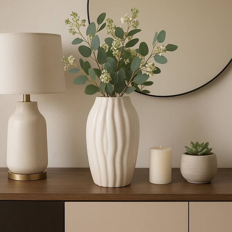 Contemporary Ceramic Sculpted Tall Vase Inspired Design - Ivory