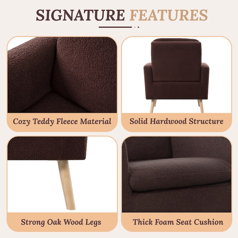 Mid-Century Accent Chair, Wooden Frame Armchair with Soft Teddy Fleece