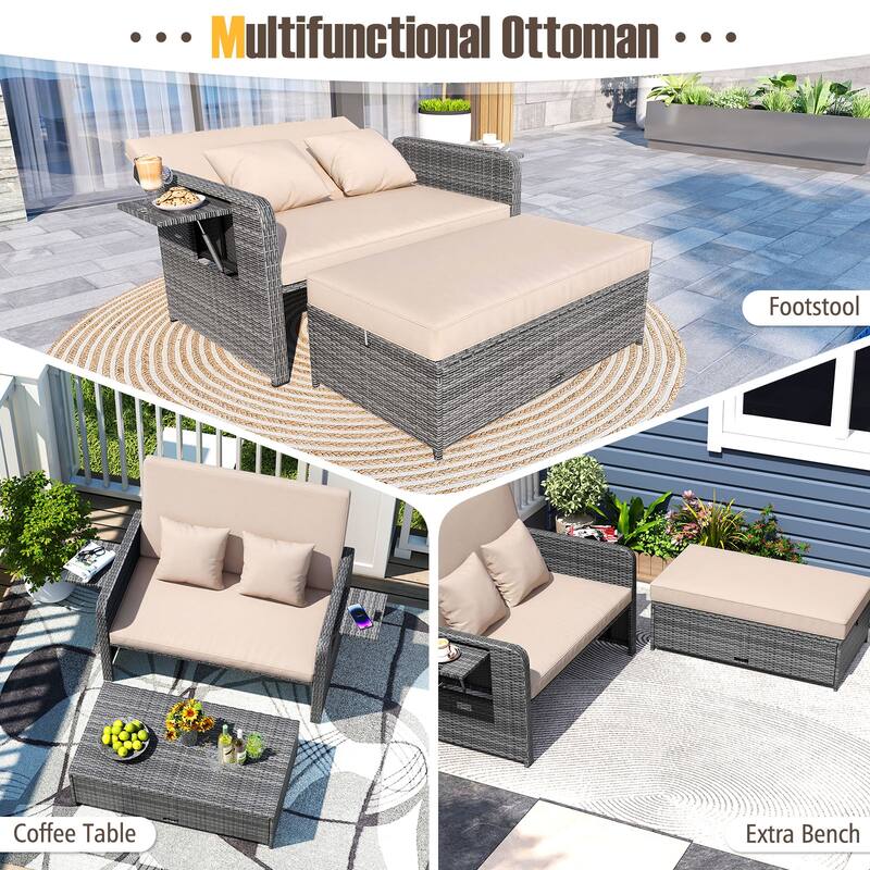 Gymax Rattan Daybed Wicker Loveseat Sofa Set w/ Ottoman & Retractable