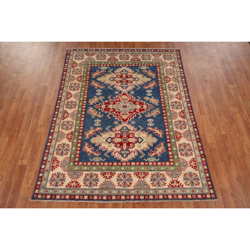 Blue Geometric Kazak Area Rug Hand-Knotted Geometric Wool Carpet - 5'0" x 6'8"
