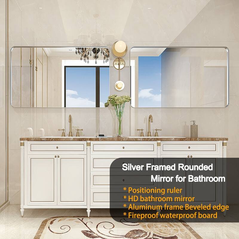 Glossy Brushed Silver Rounded Corner Rectangle Bathroom Mirror