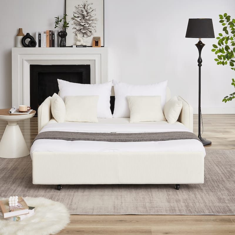3-in-1 Pull Out Sleeper Sofa Bed, Convertible Corduroy Loveseat Couch with Casters, 4 Pillows and Side Pockets for Living Room