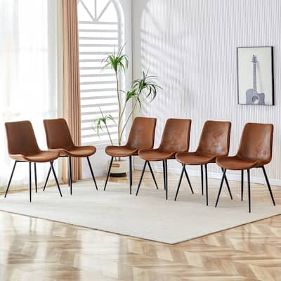 Brown Suede Dining Chair with Black Metal Legs and Curved Widened Cushion Set of 6