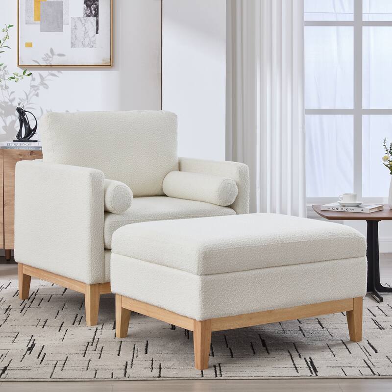 35.4 "Wide Wood Base Square Accent Arm Chair with Ottoman Natural Wood Legs with Reversible Lid Coffee Table - Ivory