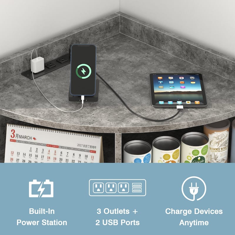 VECELO 4-Tier Adjustable Corner Bookshelf with Charging Station 3 AC Outlets & 2 USB Ports Waterproof Eco-Friendly Design