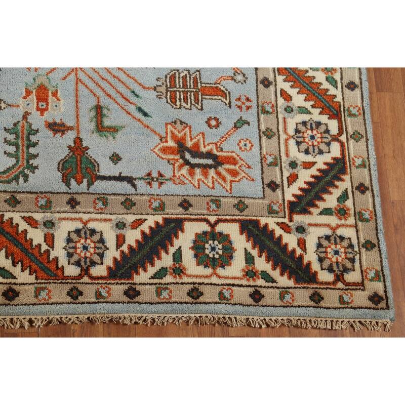 Light Blue Geometric Oushak Oriental Area Rug Hand-Knotted Wool Carpet - 7'10"x 9'10"