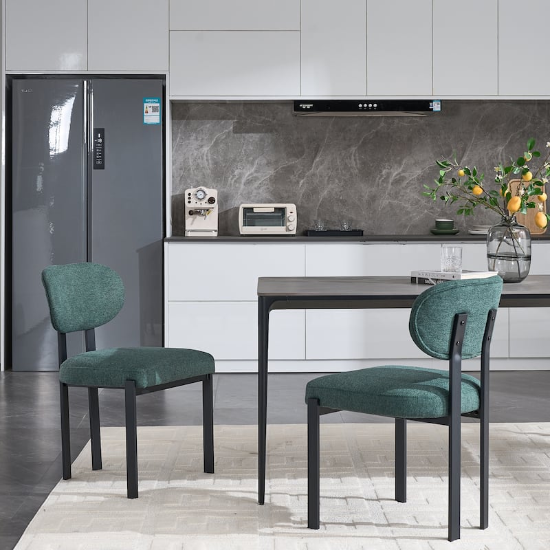 Mid-Century Upholstered Boucle Kitchen Dining Chairs with Black Metal Legs Set of 2
