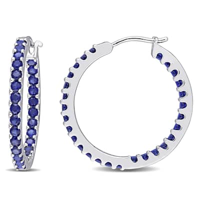 Miadora 10k White Gold Created Blue Sapphire Inside Outside Hoop Earrings - 25.5 mm x 2.4 mm x 25.4 mm