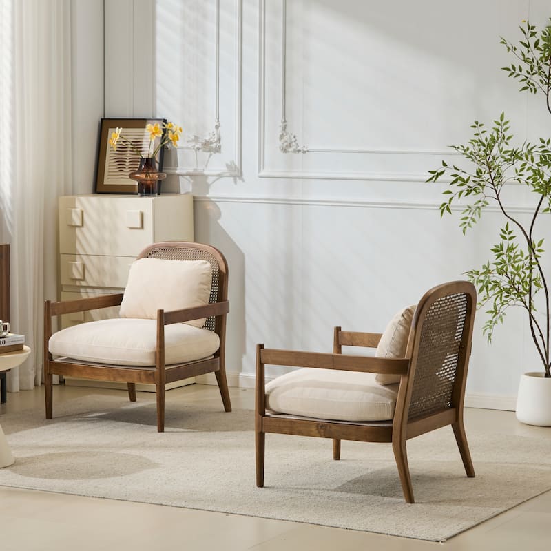 [Set of 2] 26.6" Mid-Century Modern Accent Chair with Light Brown Finish Solid Wood Frame and Rattan Backrest