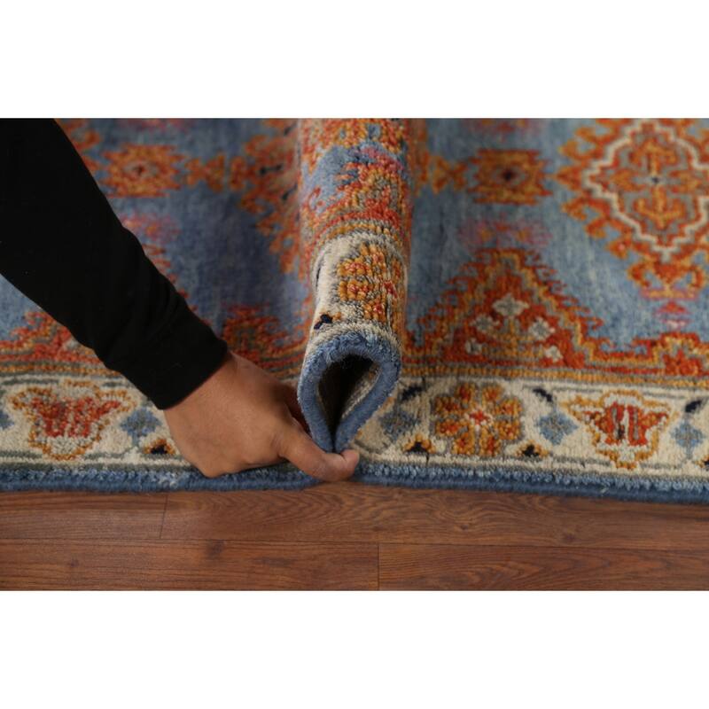Blue Geometric Khotan Indian Runner Rug Hand-Knotted Wool Carpet - 2'8"x 7'10"