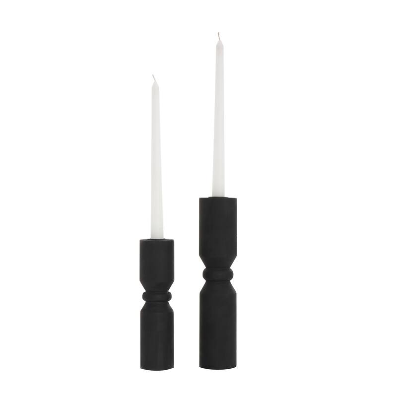 Black Wood Minimalistic Tapered Candle Holder (Set of 2)