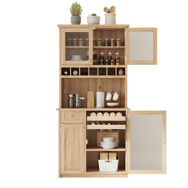 Roomfitters Farmhouse Kitchen Pantry Buffet Hutch with Wine Rack and Glass Doors, Tall Storage Cabinet