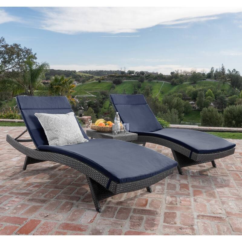 Vilano 3-piece Outdoor Cushioned Lounge Set by Havenside Home by Christopher Knight Home - Grey Wicker With Navy Blue Cushion