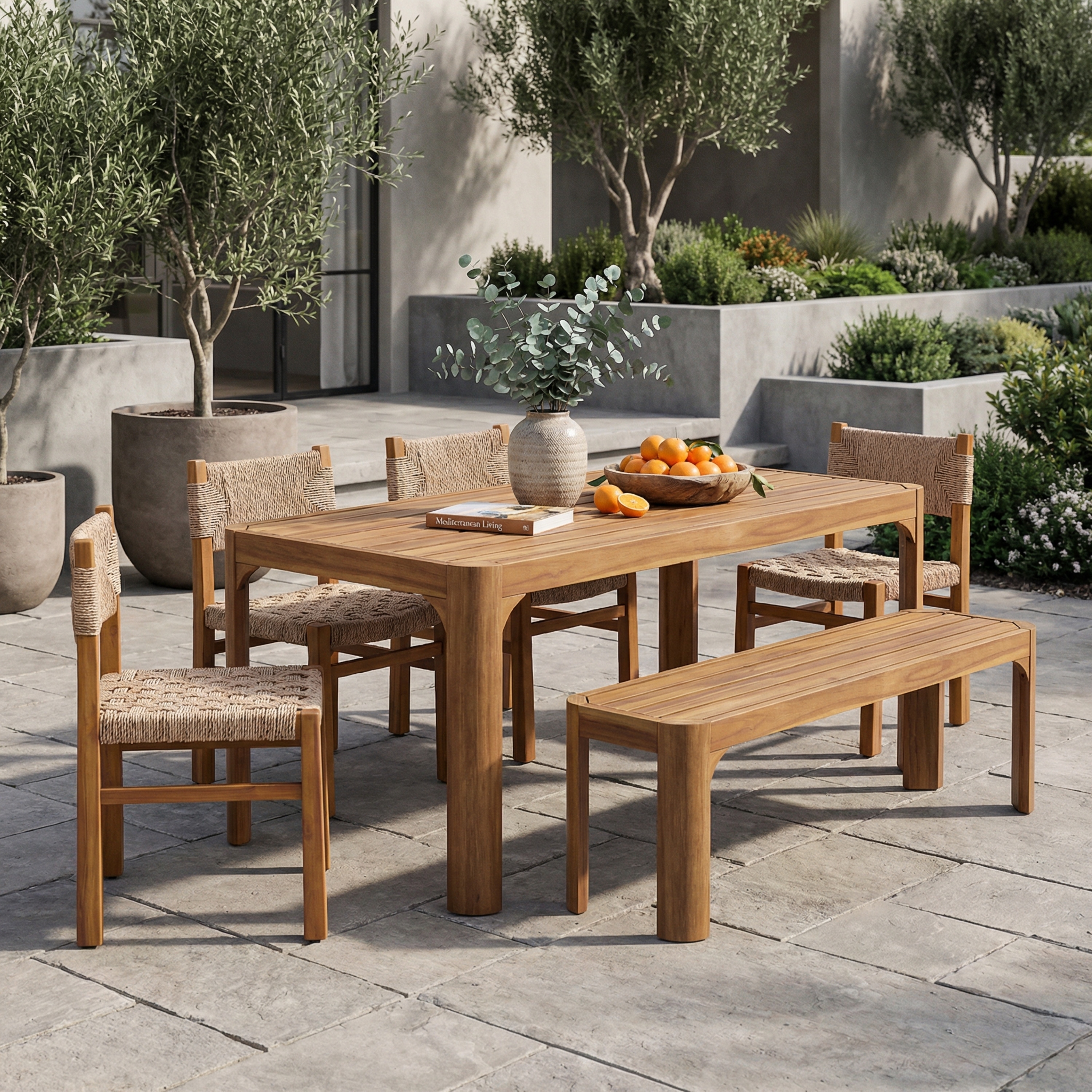 Christopher Knight Home - Acacia Wood 6-Piece Dining Table Set with Rope Woven Chairs and Bench - Slatted Rectangle Table
