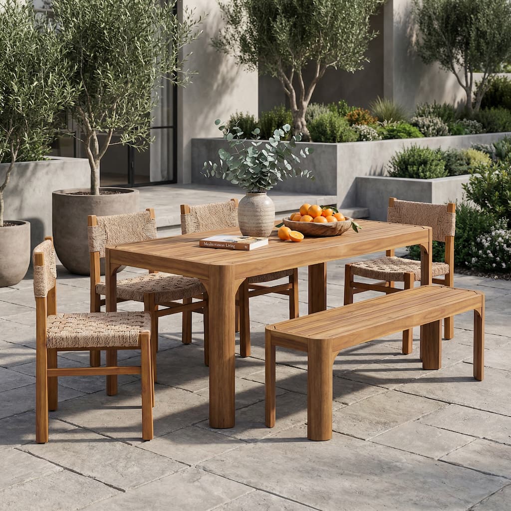Christopher Knight Home - Acacia Wood 6-Piece Dining Table Set with Rope Woven Chairs and Bench - Slatted Rectangle Table