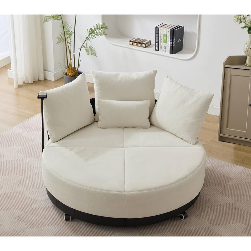 52.75" W Oversized Round Accent Chair 360° Swivel Barrel Chair with Wheels & Adjustable Phone Stand - Beige