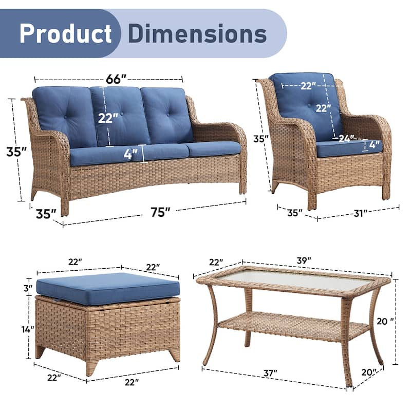 Pocassy 6 Pieces Outdoor 3-Seat Sofa Chairs Table Ottoman