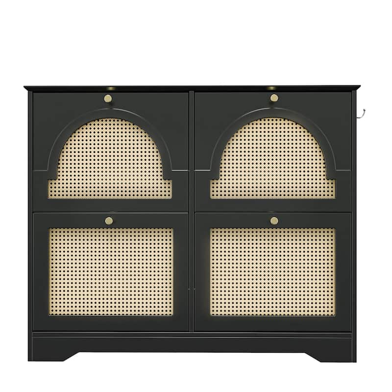 Mid-Century Modern Narrow Shoe Cabinet – 4 Flip-Drawer & 4 Rattan Door Design with Tipping Bucket Storage – 2 Silver Hooks