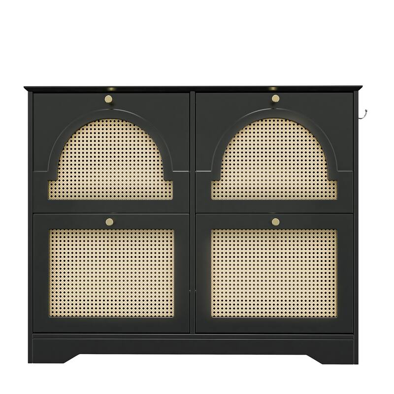 Mid-Century Narrow Tipping Bucket Shoe Cabinet with 4 Flip Drawers and Rattan Doors - 42.1" W × 8.3" D × 35.4" H - Black