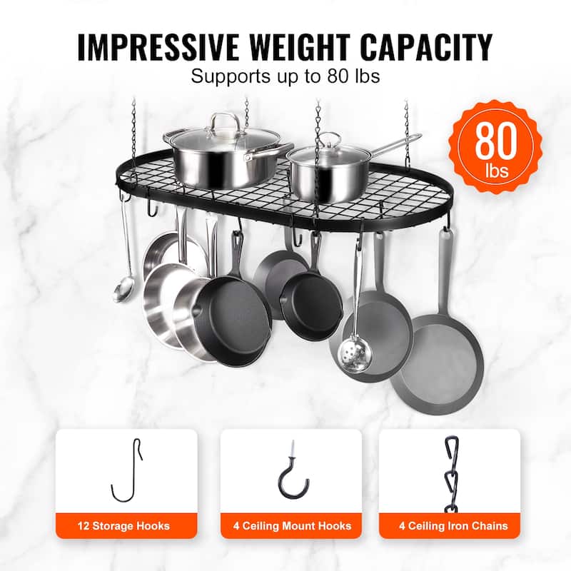 Hanging Pot Rack, Hanging Pot Rack Ceiling Mount, Ceiling Pot Rack with S Hooks, 80 lbs Loading Weight, Ideal for Home